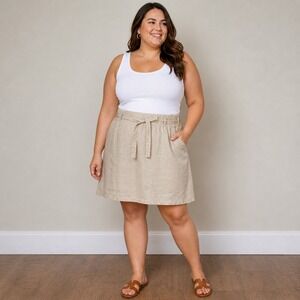Fog Linen Work Beige 100% Linen Skirt with Tie Waist Belt Pleated Designer